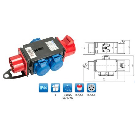 R-BOX MINI ipari elosztó-csatlakozóaljzat, 1x16A/5p dugvilla, 1x16A/5p aljzat, 3x250V