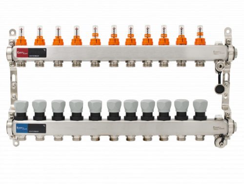 Áramlásmérős osztó-gyűjtő INOX 11 körös, kézi légtelenítővel és töltő ürítővel digitális hőm. kijelzővel 1”x3/4” ERMETIQ