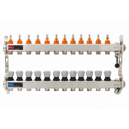 Áramlásmérős osztó-gyűjtő INOX 12 körös, kézi légtelenítővel és töltő ürítővel digitális hőm. kijelzővel 1”x3/4” ERMETIQ