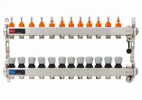 Áramlásmérős osztó-gyűjtő INOX 12 körös, kézi légtelenítővel és töltő ürítővel digitális hőm. kijelzővel 1”x3/4” ERMETIQ