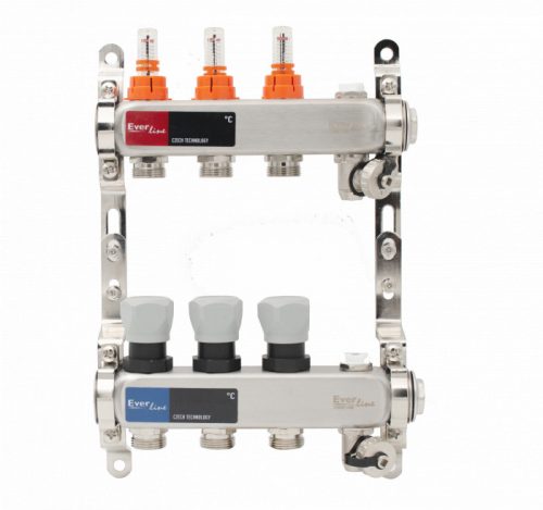 Áramlásmérős osztó-gyűjtő INOX 3 körös, kézi légtelenítővel és töltő ürítővel digitális hőm. kijelzővel 1”x3/4” ERMETIQ