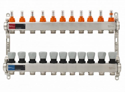 Áramlásmérős osztó-gyűjtő INOX 11 körös, légetelenítő és töltő ürítő nélkü digitális hőm. kijelzővel 1”x3/4” ERMETIQ