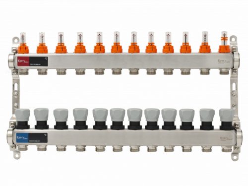 Áramlásmérős osztó-gyűjtő INOX 12 körös, légetelenítő és töltő ürítő nélkü digitális hőm. kijelzővel 1”x3/4” ERMETIQ