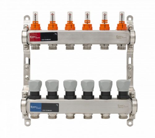 Áramlásmérős osztó-gyűjtő INOX 6 körös, légetelenítő és töltő ürítő nélkü digitális hőm. kijelzővel 1”x3/4” ERMETIQ
