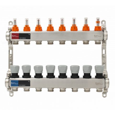 Áramlásmérős osztó-gyűjtő INOX 8 körös, légetelenítő és töltő ürítő nélkü digitális hőm. kijelzővel 1”x3/4” ERMETIQ