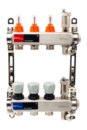 Áramlásmérős osztó-gyűjtő INOX 3 körös, automata légtelenítő és töltő ürítővel digitális höm. kijelzővel 1”x3/4” ERMETQ